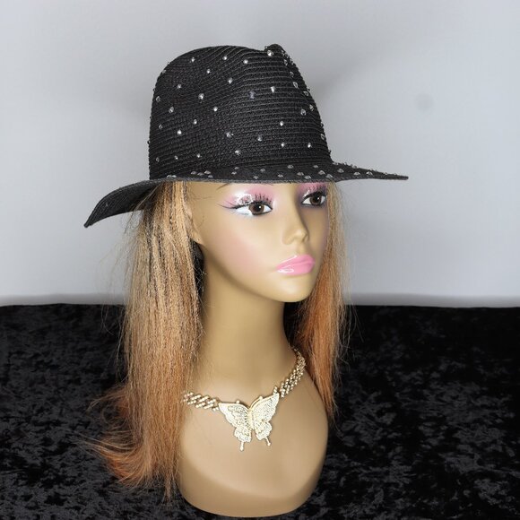 Accessories - Women's Black Straw Hat with Spotted Rhinestone Design